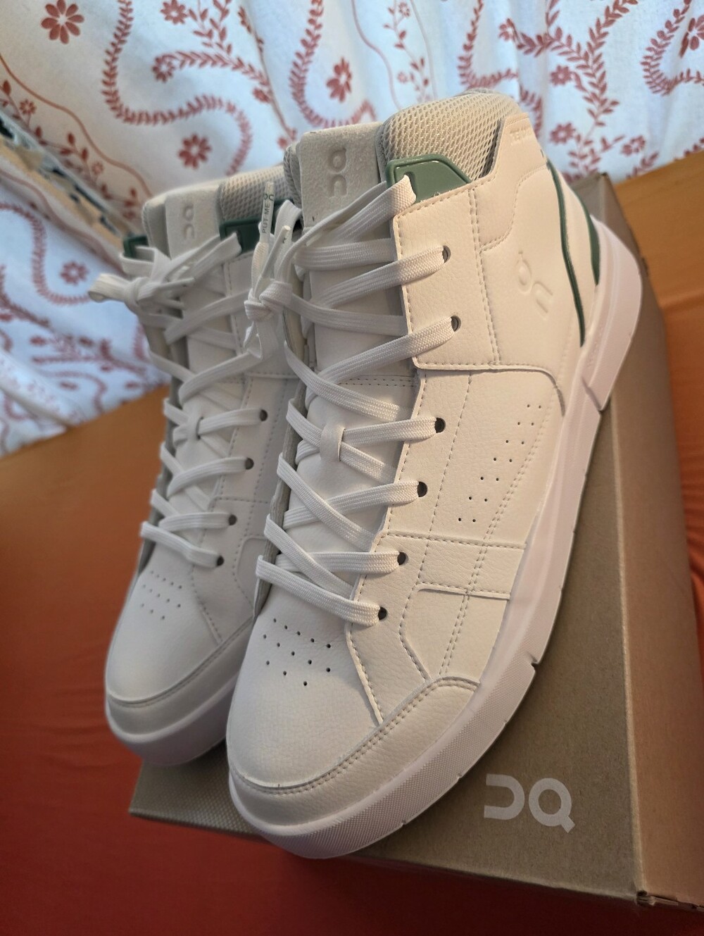 On Cloud White High-Top Sneakers with Green Trim